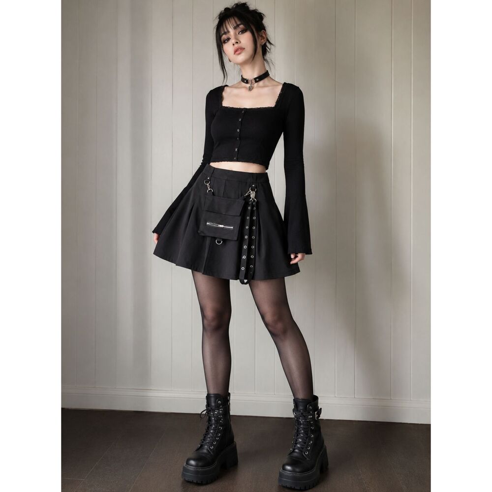 Black Goth A-Line Skater Mini Skirt w/ Detachable Utility Pouch size 10-12